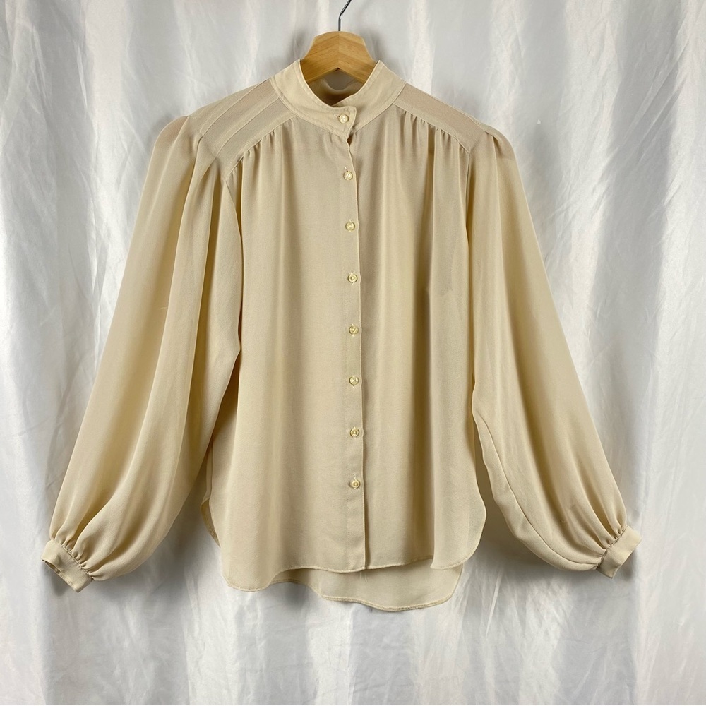 Vintage Campus Casuals Elegant Cream Balloon Sleeve Blouse Size Small Petite